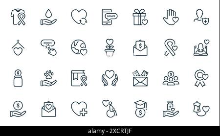 Set icone lineari di beneficenza e donazione. Volontariato, beneficenza e aiuto. Dare aiuto, donare denaro, abbigliamento, cibo, medicine e amore per Illustrazione Vettoriale