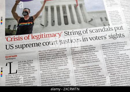 "Crisi di legittimità" String of Scandals ha messo i giudici della corte suprema degli Stati Uniti in vista degli elettori" titolo del quotidiano Guardian 13 giugno 2024 Londra Regno Unito Foto Stock