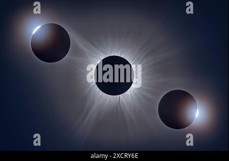 Questo è un primo piano telescopico del Sole eclissato all'8 aprile 2024, eclissi solare totale, con l'intricata atmosfera del Sole, la corona, surroundi Foto Stock