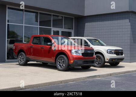 Plainfield - 16 giugno 2024: Ford Maverick XLT e Tremor display presso una concessionaria. Ford offre la Maverick con un motore Ecoboost 2.0L. IL MIO: 2024 Foto Stock