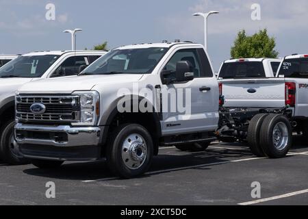 Plainfield - 16 giugno 2024: Display telaio cabina Ford F-550 XLT 4X4. Ford offre l'F550 con un motore diesel V8 con corsa di 6,7 litri. IL MIO: 2024 Foto Stock