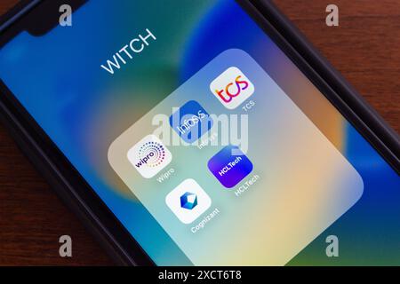 Le principali aziende IT indiane, Wipro, Infosys, Tata Consultancy Services (TCS), Cognizant e HCL Technologies, viste in un iPhone Foto Stock