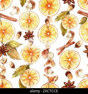 Cerchi arancioni, cannella, finocchio, galline, ghiande e funghi. Illustrazione ad acquerello isolata su sfondo bianco. Adatto per tessuti, S Foto Stock