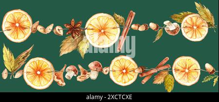 Cerchi arancioni, cannella, finocchio, galline, ghiande e funghi. Illustrazione ad acquerello isolata su sfondo bianco. Adatto per tessuti, S Foto Stock