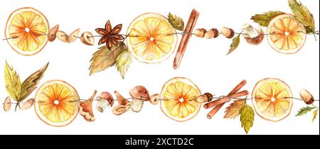 Cerchi arancioni, cannella, finocchio, galline, ghiande e funghi. Illustrazione ad acquerello isolata su sfondo bianco. Adatto per tessuti, S Foto Stock