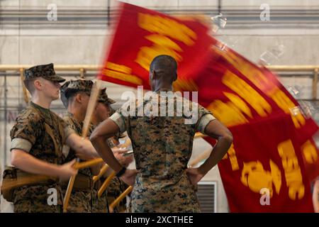 12 giugno 2024 - Futenma, Okinawa, Giappone - U.S. Marine Corps Gunnery Sgt. Louwan Brake, sergente di artiglieria della compagnia alfa, quartier generale e Battaglione di supporto, Marine Corps Installations Pacific, istruisce i Marines durante una prova di cambio di comando sulla Marine Corps Air Station Futenma, Okinawa, Giappone, 12 giugno 2024. Il maggiore generale Stephen Liszewski, il comandante generale uscente del MCIPAC, ha servito per due anni come comandante generale e sarà sollevato dal maggiore generale Wolford, che in precedenza è stato direttore per la strategia di politica dei piani, comando delle Nazioni Unite, comando delle forze combinate, forze USA Foto Stock