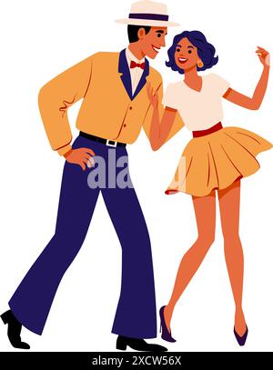 Allegro balletto di coppia vettoriale, vestito con abiti vintage degli anni '1920 e '1940, illustrazione piatta Illustrazione Vettoriale