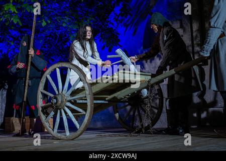 Straubing, Germania. 19 giugno 2024. Elena Hammerschmid nel ruolo di Agnes Bernauer si esibisce durante una prova sul palco nel cortile del palazzo ducale. Crediti: Armin Weigel/dpa/Alamy Live News Foto Stock