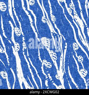 Stravagante motivo elettrico blu da spiaggia per alghe marine. Effetto panno stampato con blocco schermo batik. Divertente sfondo tropicale estivo. Moderno Foto Stock