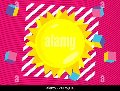 Sfondo grafico grafico a tema retrò Summer Sun. Elementi geometrici minimi. Illustrazione vettoriale delle forme astratte vintage. Illustrazione Vettoriale