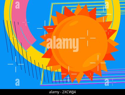 Sfondo grafico grafico a tema retrò Summer Sun. Elementi geometrici minimi. Illustrazione vettoriale delle forme astratte vintage. Illustrazione Vettoriale