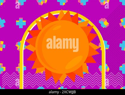 Sfondo grafico grafico a tema retrò Summer Sun. Elementi geometrici minimi. Illustrazione vettoriale delle forme astratte vintage. Illustrazione Vettoriale