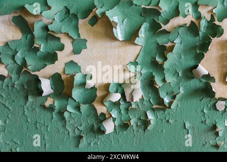 Strato di vernice verde su una vecchia parete abbandonata di cemento bianco Foto Stock