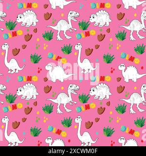 Simpatici dinosauri e piante su sfondo rosa Illustrazione Vettoriale