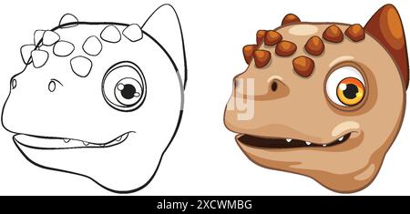 Adorable dinosaur head in color and outline Illustrazione Vettoriale