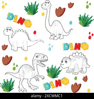 Dinosauri, impronte e piante in un design giocoso Illustrazione Vettoriale