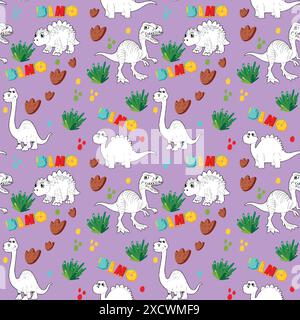 Dinosauri e piante colorate su sfondo viola Illustrazione Vettoriale