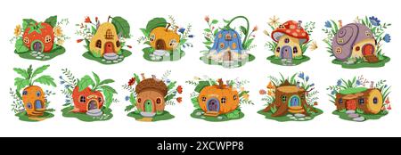 Grande serie di varie case da fiaba di gnomi o fata. Una casa su un prato verde decorata con fiori e foglie. La casa ha una porta e una finestra di legno Illustrazione Vettoriale