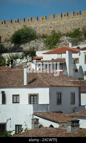 Óbidos, Portogallo, vista sul tetto delle tradizionali case imbiancate con tetti in cotto e una sezione del muro di pietra che circonda il borgo medievale portoghese. Foto Stock