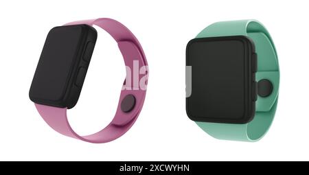 Smartwatch 3D isolati su sfondo bianco. Illustrazione vettoriale realistica dell'orologio da polso intelligente con fascia rosa e verde, mockup nero vuoto, moderno gadget elettronico, dispositivo indossabile Illustrazione Vettoriale