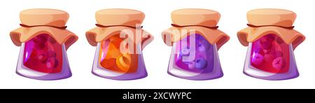Marmellata di frutta e bacche dolci in vaso di vetro con coperchio in tessuto. Set di illustrazioni vettoriali di marmellata fatta in casa con ciliegia, albicocca, mirtillo e lampone. Gelatina biologica in scatola. Illustrazione Vettoriale