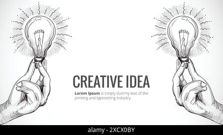 Nuovo concetto di idea disegnato a mano con disegno della lampadina a mano Illustrazione Vettoriale