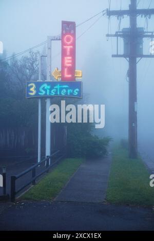 Il cartello al neon del 3 Sisters Motel a Katoomba, nelle Blue Mountains, era circondato da nebbia e nebbia Foto Stock