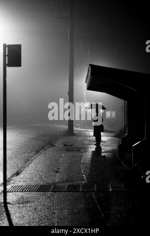 Una persona sagomata che cammina sul marciapiede accanto a un'ampia strada fiancheggiata da alberi nebbiosi a Katoomba Foto Stock