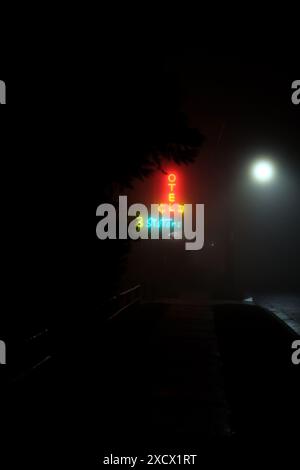 Il cartello al neon del 3 Sisters Motel e il semaforo illuminati di notte a Katoomba, nelle Blue Mountains, erano ricoperti di nebbia e nebbia Foto Stock