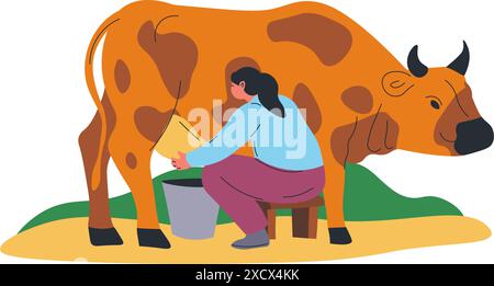 Vettore di illustrazione della mucca di mungitura del contadino Illustrazione Vettoriale