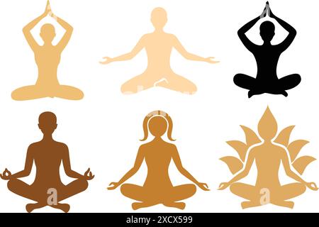 Set icone silhouette yoga Illustrazione Vettoriale