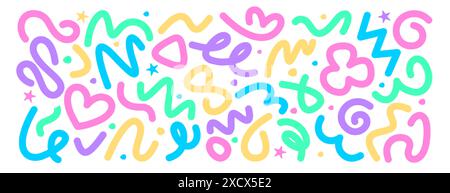 Linea di squiggly colorata, squiggles astratti in stile doodle. Colore disegnato a mano varie forme, tratti e stelle. Scarabocchi di forma libera per bambini. Elementi di design alla moda per feste per bambini. Illustrazione Vettoriale