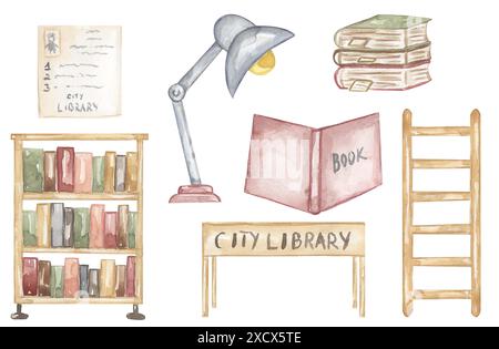 Illustrazione di elementi bibliotecari in acquerello, libri, scaffale, scale, tavolo, scheda libreria e set di clip lampada Foto Stock
