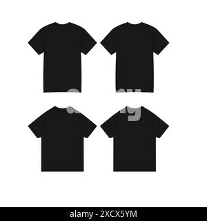 T-shirt nera maschio Set di mockup realistico Vista anteriore posteriore modello di design con stampa in tessuto vuoto abbigliamento moda magliette disegno CAD Vector Tee nera maschio Illustrazione Vettoriale