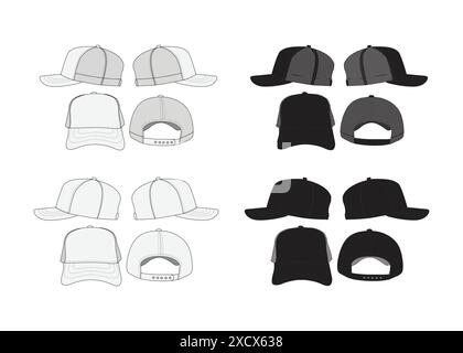 Illustrazione modello berretto a rete camionista cappello camionista modello Mockup mesh Vector nero e bianco copricapo abbigliamento da streetwear Collezione Vector Mockup Illustrazione Vettoriale