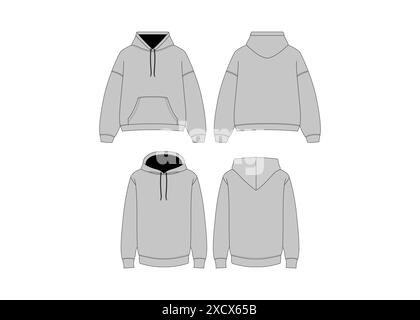 Uomo Hoody realistico Mockup manica lunga modello con cappuccio bianco streetwear Hoodie Apparel Vector Mockup Set Unisex Hoody tecnica Hoody CAD Illustrazione Vettoriale