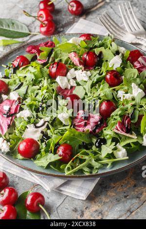 Ciliegie sottaceto, formaggio di capra e insalata di rucola con salsa balsamica da vicino in un piatto sul tavolo. Verticale Foto Stock