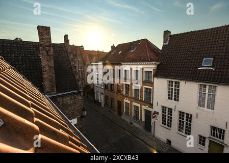 Ora d'oro sulle strade e gli edifici storici di Bruges - Belgio Foto Stock