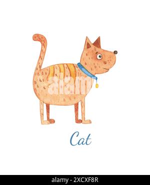 Amici di cani e gatti da cartolina. Illustrazioni in acquerello di animali domestici e animali. Stampa, poster con un gatto rosso e un cane Foto Stock