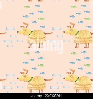 Motivo per bambini di felini acquerelli su sfondo beige. Cane e gatto rosso. Illustrazione disegnata a mano. Sfondo dipinto. Tessuto Foto Stock