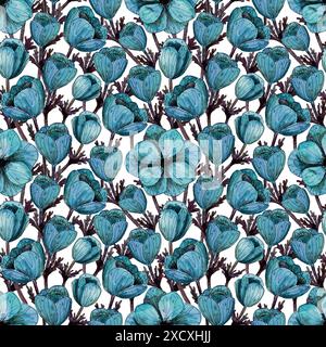 Motivo di fiori di anemone blu acquerello. Fiori rossi dipinti a mano su sfondo rosa. Design floreale estivo per l'invito a un matrimonio, salva il cartellino con la data Foto Stock