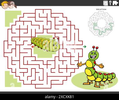 Illustrazione cartoni animati di attività didattica del labirinto di puzzle con personaggi dei caterpillars Illustrazione Vettoriale