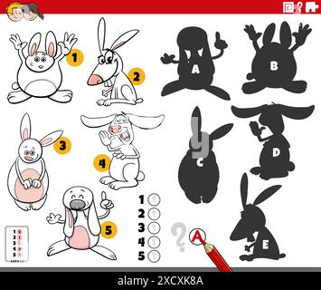 Illustrazione di cartoni animati che mostra come trovare le ombre giuste per le immagini attività educative con conigli personaggi animali Illustrazione Vettoriale