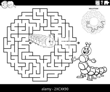 Illustrazione dei cartoni animati di attività didattica del labirinto con i personaggi dei caterpillars che colorano la pagina Illustrazione Vettoriale