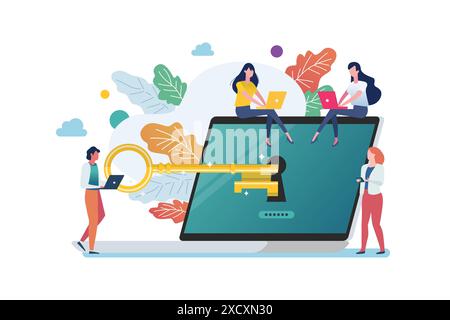 Le persone con chiave Gold cercano di sbloccare il notebook. ransomware malware virus computer. Illustrazione vettoriale Illustrazione Vettoriale