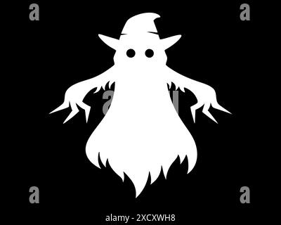 Silhouette bianca di fantasma isolata su sfondo nero. Concetto di spirito spettrale, simbolo di Halloween, stile minimalista, apparizione inquietante, horror, sinista Illustrazione Vettoriale