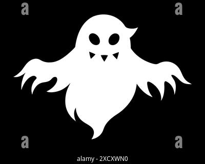 Silhouette bianca di fantasma isolata su sfondo nero. Concetto di spirito spettrale, simbolo di Halloween, stile minimalista, apparizione inquietante, horror, sinista Illustrazione Vettoriale