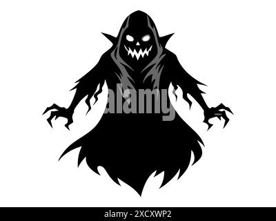 Silhouette nera di fantasma isolata su sfondo bianco. Concetto di spirito spettrale, simbolo di Halloween, stile minimalista, apparizione inquietante, horror, sinista Illustrazione Vettoriale