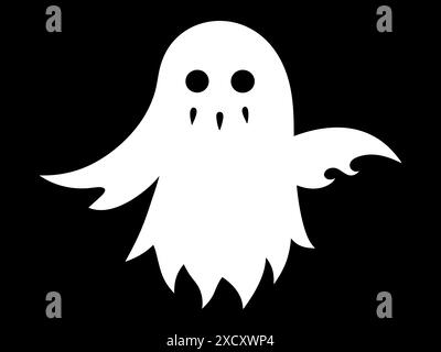 Silhouette bianca di fantasma isolata su sfondo nero. Concetto di spirito spettrale, simbolo di Halloween, stile minimalista, apparizione inquietante, horror, sinista Illustrazione Vettoriale