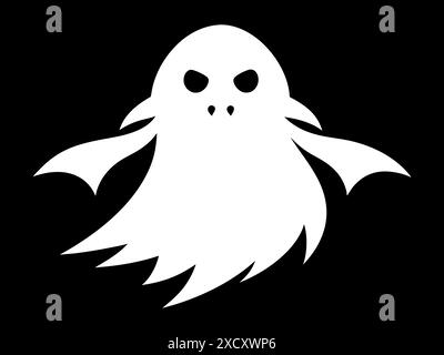 Silhouette bianca di fantasma isolata su sfondo nero. Concetto di spirito spettrale, simbolo di Halloween, stile minimalista, apparizione inquietante, horror, sinista Illustrazione Vettoriale